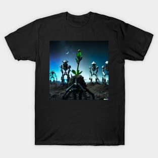 Cyberpunk robotic soldiers on destroyed earth T-Shirt